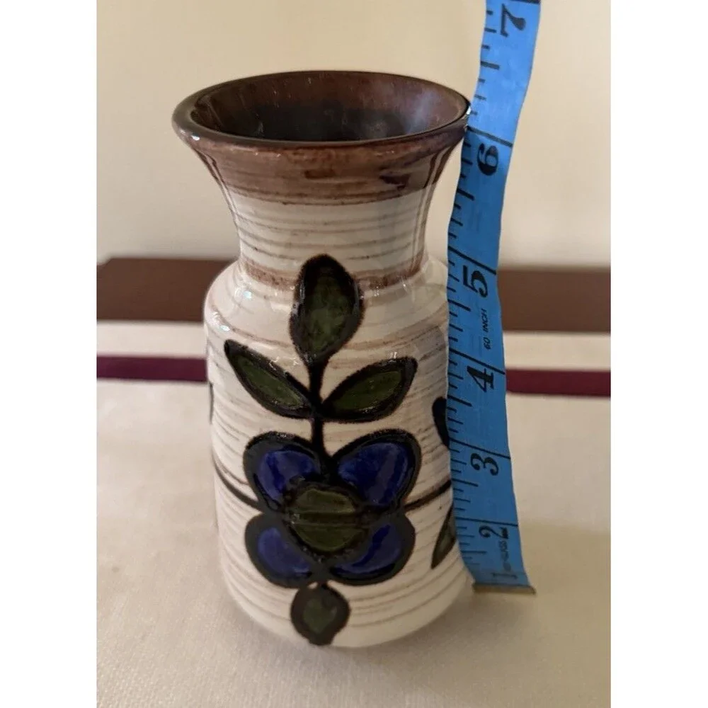 Vintage Mid Century Studio Pottery Vase Hand Painted Blue Flower Ceramic Art